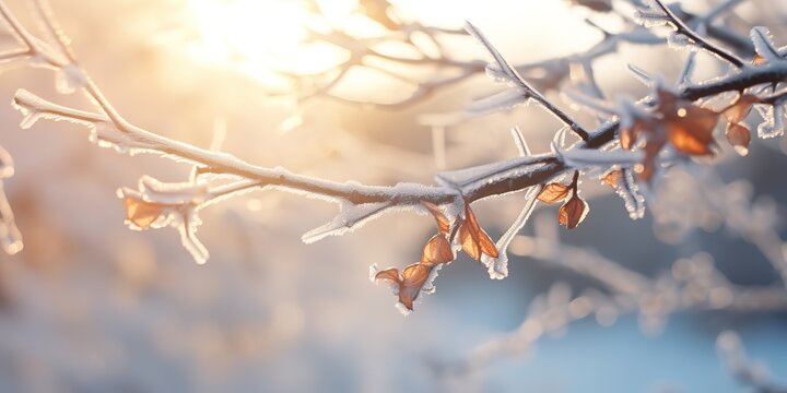 snow covered leaves on a tree branch in the winter sun 