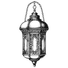 arabic lantern illustration with engraving style black color only