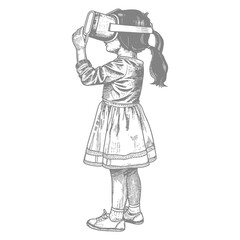 girl playing virtual reality headset with engraving style black color only