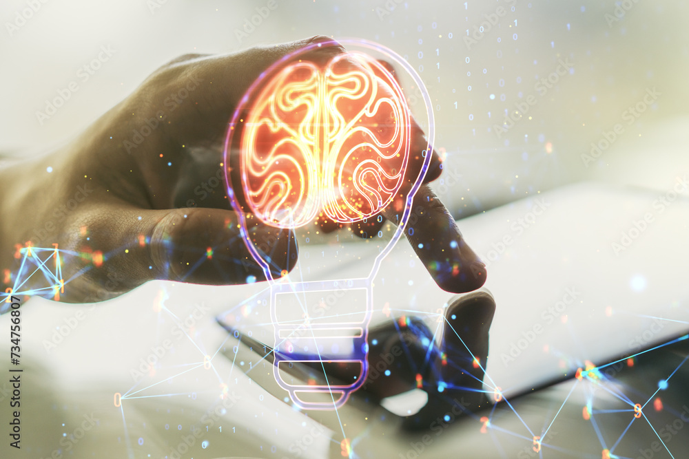 Poster double exposure of creative light bulb hologram with human brain and with finger clicks on a digital