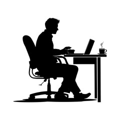 Silhouette Office Desk With Laptop and Coffee black color only