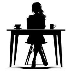 Silhouette Office Desk With Laptop and Coffee with women working inside