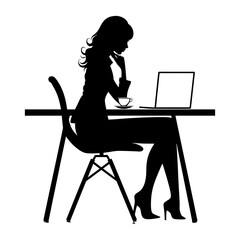 Silhouette Office Desk With Laptop and Coffee with women working inside