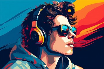illustration of a man in 90s listen to music with headphone