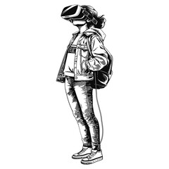 teenager playing virtual reality headset with engraving style black color only