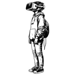 teenager playing virtual reality headset with engraving style black color only