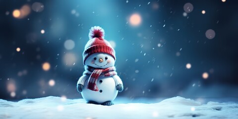 Naklejka na ściany i meble Cute snowman standing in winter Christmas forest,