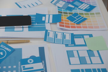 Close up ux developer and ui designer use augmented reality brainstorming about mobile app...