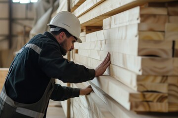 worker examining the quality of cut wood surfaces