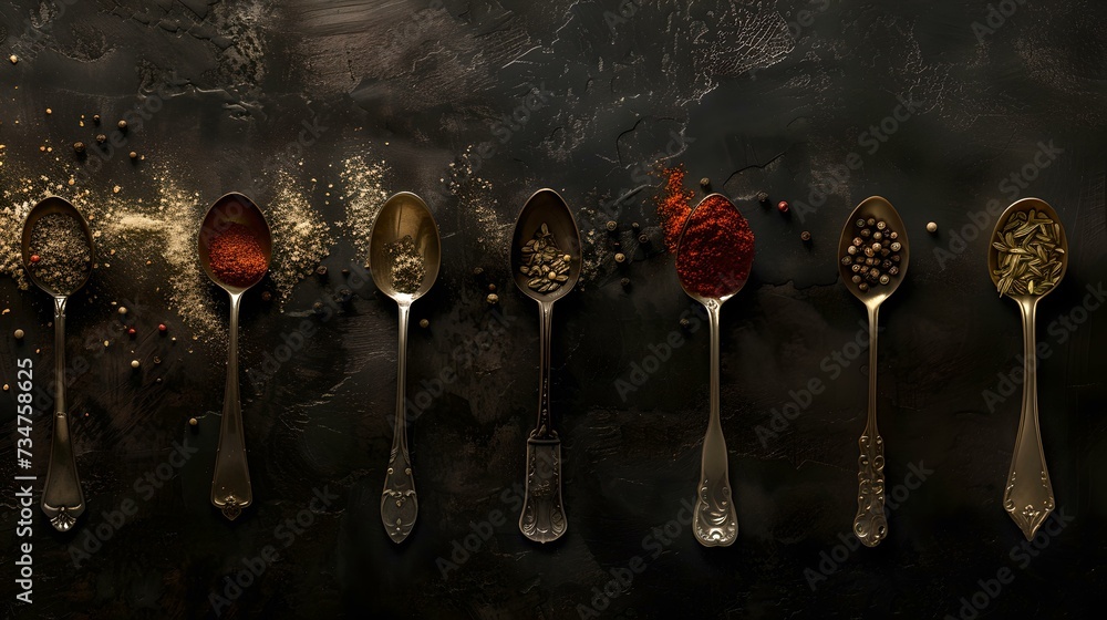 Aufkleber aesthetic array of spoons with diverse spices on a dark backdrop. artistic culinary still life. perf