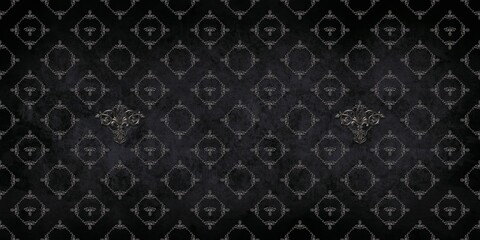 Gothic seamless pattern wallpaper with silver motif's on old dark background.. Free-hand digital painting. Printable.