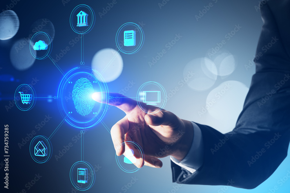 Poster close up of businessman hand pointing at creative round digital interface with various icons on burr