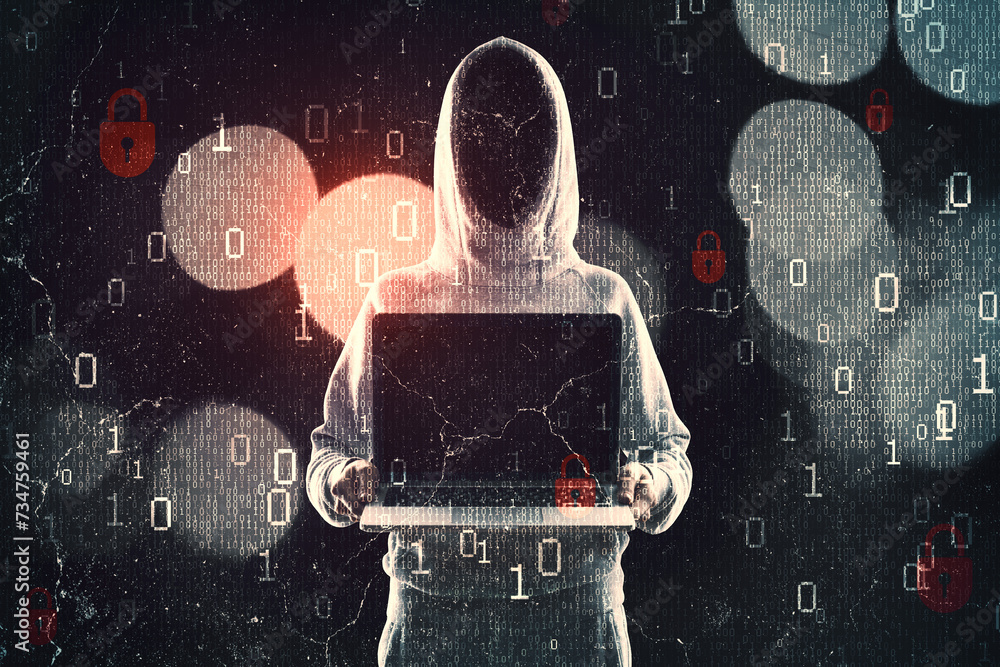 Fototapete Hacker in hoodie showing laptop while standing on abstract dark hacking background with bokeh circles and binary coding. Malware and phishing, data theft concept.