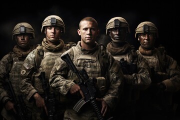 Fototapeta premium Group of us army soldiers, soldiers with weapon pose for photo, men in modern uniform. Portrait of group of military, Ai generated