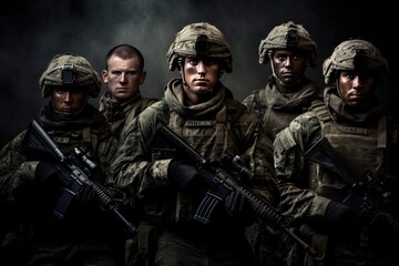 Group of us army soldiers, soldiers with weapon pose for photo, men in modern uniform. Portrait of group of military, Ai generated