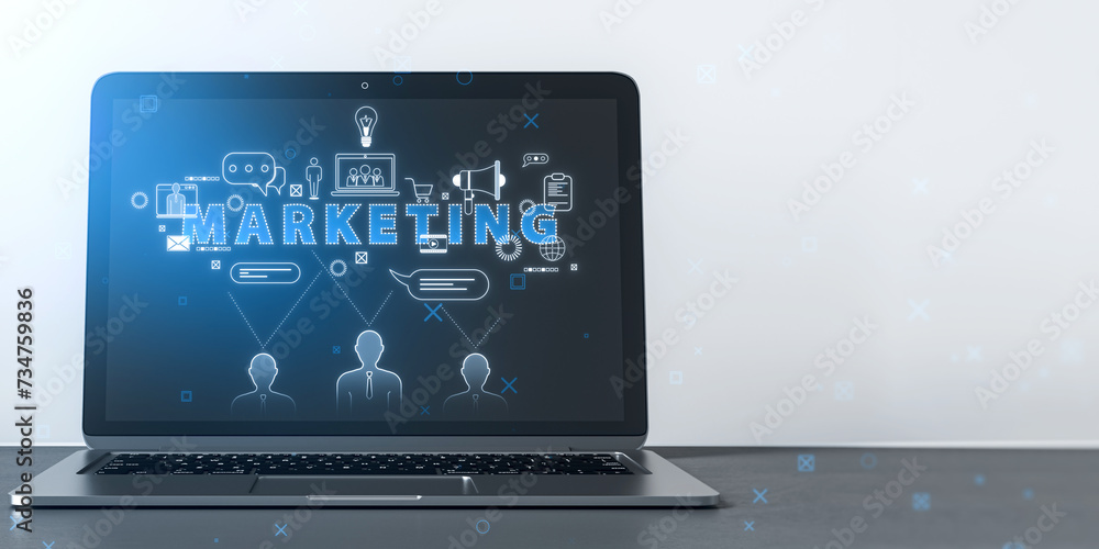 Aufkleber Close up of laptop with creative marketing hologram with various icons on white background with mock up place. Seo, media and analytics concept. 3D Rendering.