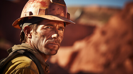 Fototapeta premium Close-up copper mine worker open pit Mine Surveying
