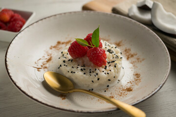 Raspberry Sticky Rice. Sticky rice cooked with coconut milk with fresh fruit.