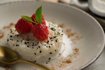 Raspberry Sticky Rice. Sticky rice cooked with coconut milk with fresh fruit.