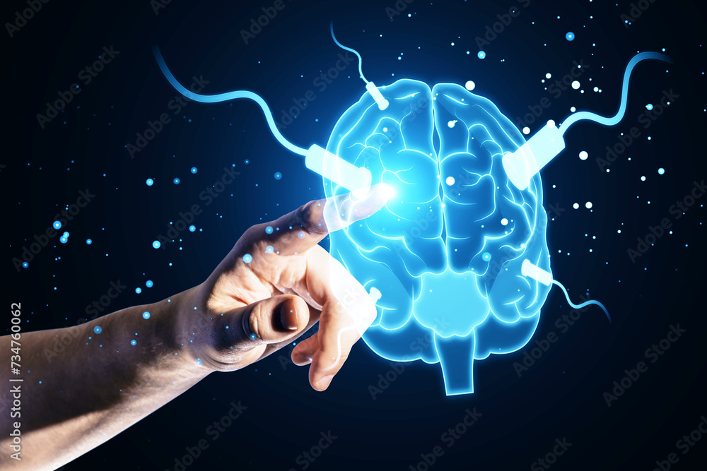 Poster Futuristic digital brain with neural connections in hand on a dark cosmic background. Artificial intelligence concept