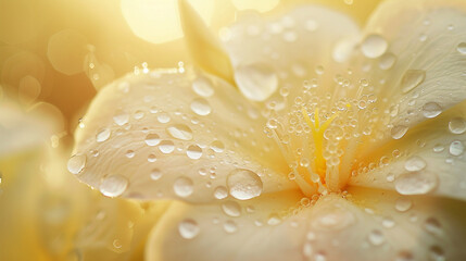 On the petals of a dew-kissed flower, macro photography captures the ephemeral beauty of water drops in the soft light of dawn, each drop magnifying the flower's natural elegance a