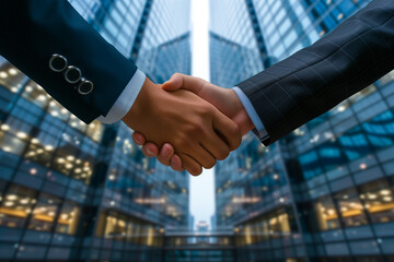 Two business professionals engage in a confident handshake in front of a contemporary glass skyscraper, exemplifying corporate success.