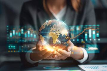 A businesswoman presents a glowing digital globe, depicting concepts of global connectivity and international commerce