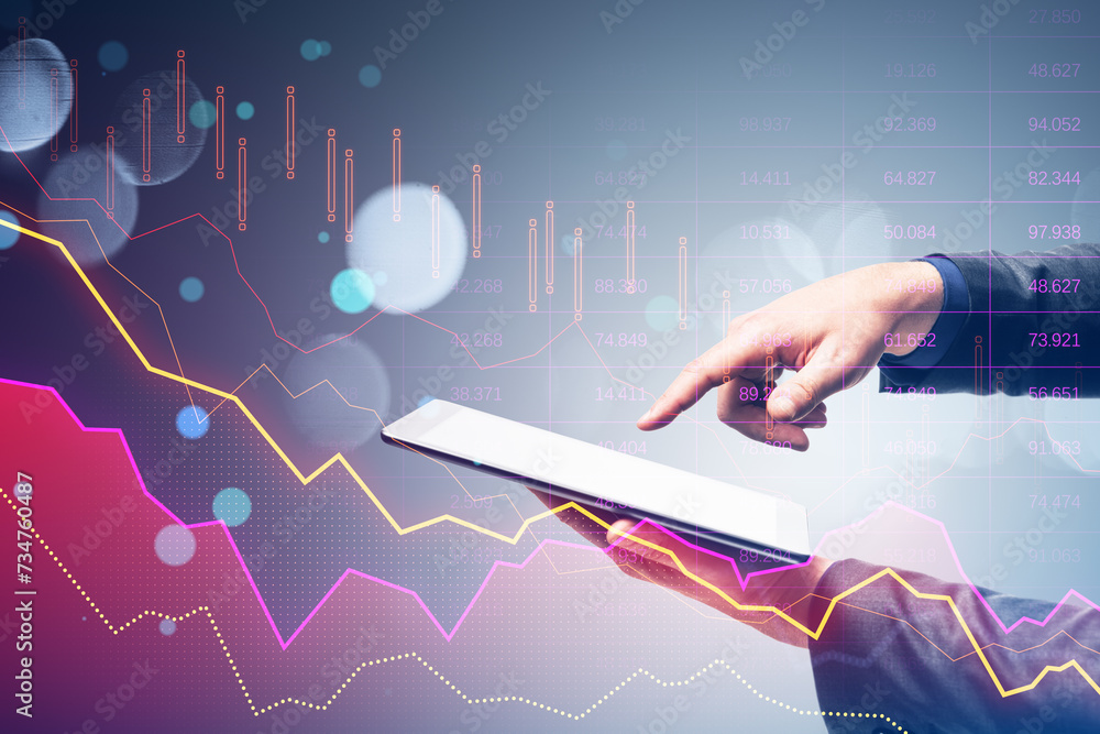 Poster close up of businessman hand using smartphone with pink crisis business and forex chart on blurry ba