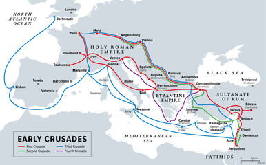 Early Crusades, gray history map. First four Crusades, a series of religious wars to the Holy Land, to conquer Jerusalem and its surrounding area by the Christian Latin Church in the medieval period. - obrazy, fototapety, plakaty