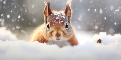 Cute red squirrel in falling snow, animal in winter.