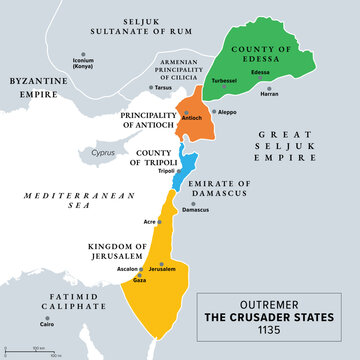 Outremer, The Crusader States At About 1135, Gray History Map. Latin Catholic Realms, Created After The First Crusade. Kingdom Of Jerusalem, County Of Edessa And Tripoli, And Principality Of Antioch.