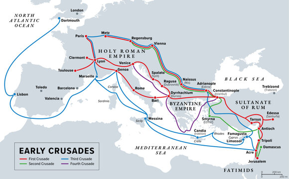 Early Crusades, gray history map. First four Crusades, a series of religious wars to the Holy Land, to conquer Jerusalem and its surrounding area by the Christian Latin Church in the medieval period.