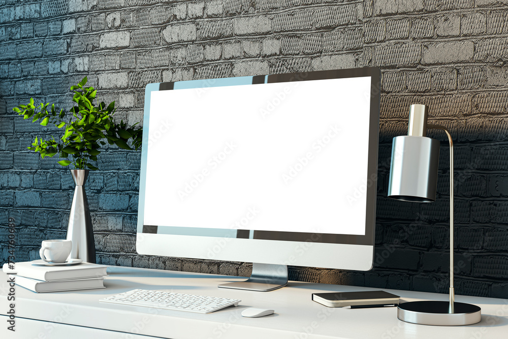 Poster bright designer desktop with empty white computer monitor, lamp, supplies and other items. black bri