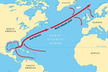 Map of the Gulf Stream with its northern extension North Atlantic Drift. Warm and swift Atlantic Ocean current, originates in Gulf of Mexico, flows  through Straits of Florida and up the US coastline. - obrazy, fototapety, plakaty