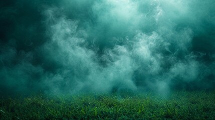 Ethereal green mist hovers over a lush grassy field, creating a mysterious and otherworldly atmosphere