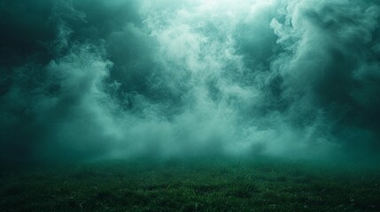 Dimly lit grassy ground shrouded in thick, swirling mist with a mysterious, eerie greenish hue - obrazy, fototapety, plakaty