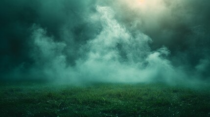 Eerie green mist rises from a grassy field under a dimly lit, mysterious, and ominous sky