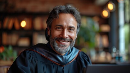 Fototapeta premium A smiling man with grey hair, in a casual jacket, seated indoors with soft lighting background