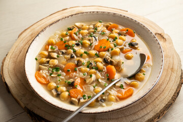 Chickpea soup with rice and vegetables.