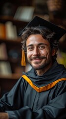 Fototapeta premium A smiling person in a graduation cap and gown, with books in the background