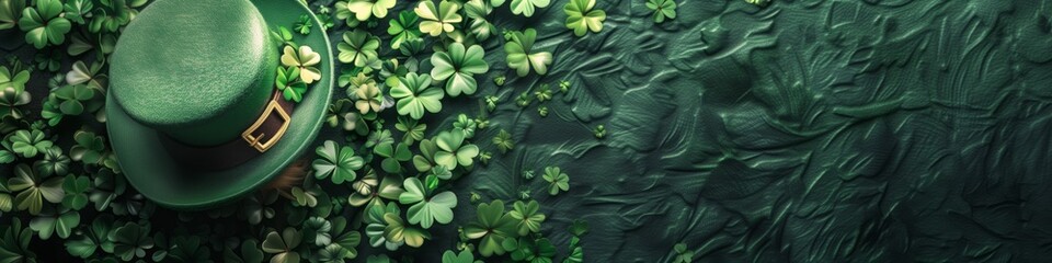 St. Patrick's Day banner concept, charm leprechaun hat amidst lucky clovers with space for text or product - obrazy, fototapety, plakaty