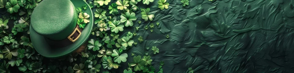 Foto op Canvas St. Patrick's Day banner concept, charm leprechaun hat amidst lucky clovers with space for text or product © pier
