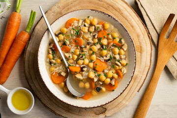 Chickpea soup with rice and vegetables.