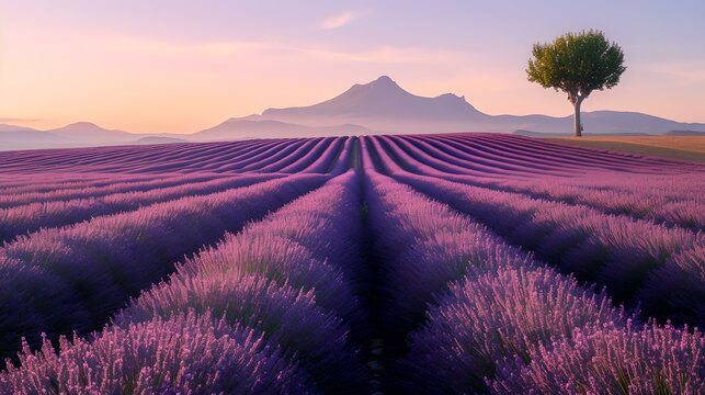 Serenity at dusk: lavender fields flowing toward a mountain horizon, single tree standing proud. AI