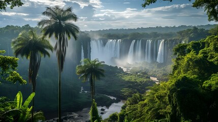 Breathtaking tropical waterfall surrounded by lush greenery and mist. perfect for nature themes and travel promotions. vibrant landscape photo. AI