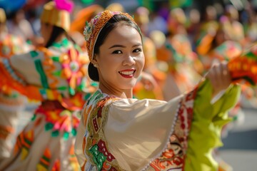 filipino woman in a terno dancing at the sinulog festival