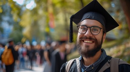 A smiling graduate wearing a cap and glasses, with blurred people in the background, signifies accomplishment