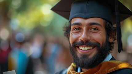 Fototapeta premium A beaming graduate in cap and gown, likely celebrating a significant academic achievement, outdoors, happy moment