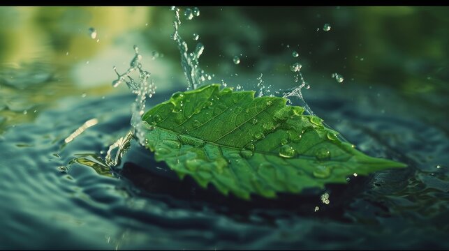 A single green leaf drifting on the surface of gently rippling water.