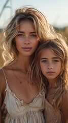 Fototapeta premium Two individuals with blonde hair posing closely together outdoors, golden hour lighting, neutral-toned clothing, serene expressions
